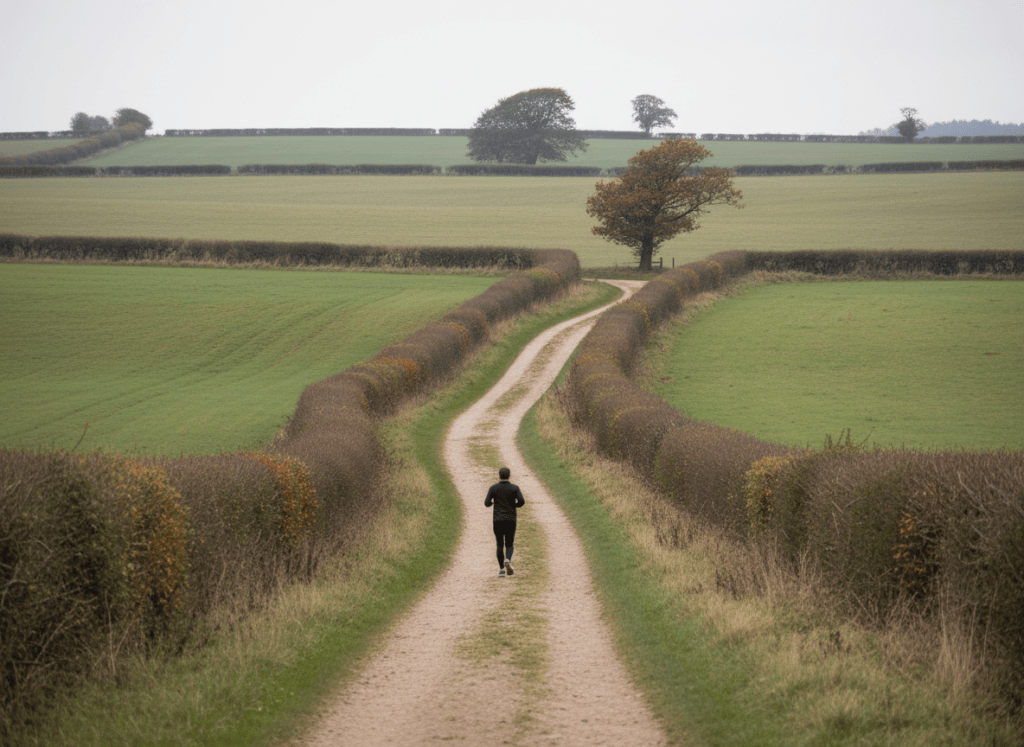 A lone runner on a quiet countryside trail beneath muted British skies.
