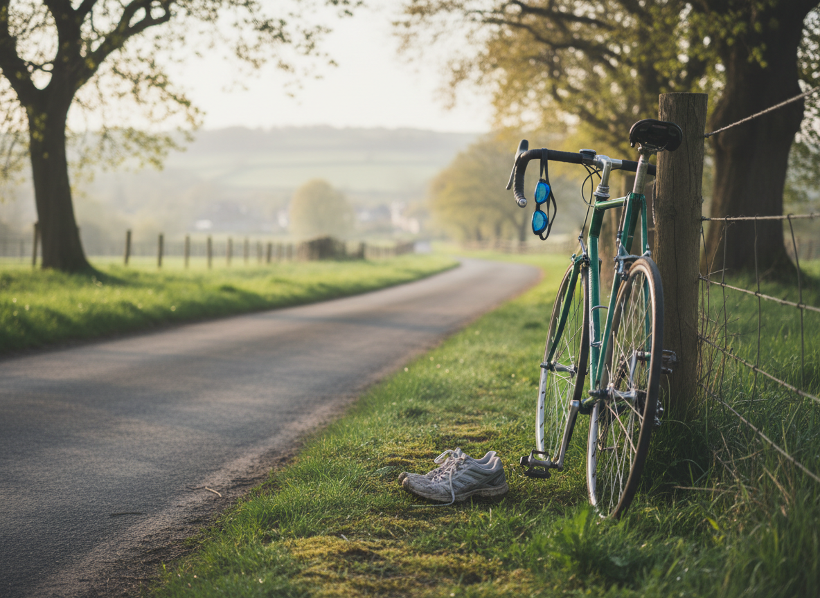 Running shoes, bicycle and swimming goggles beside a quiet road at dawn