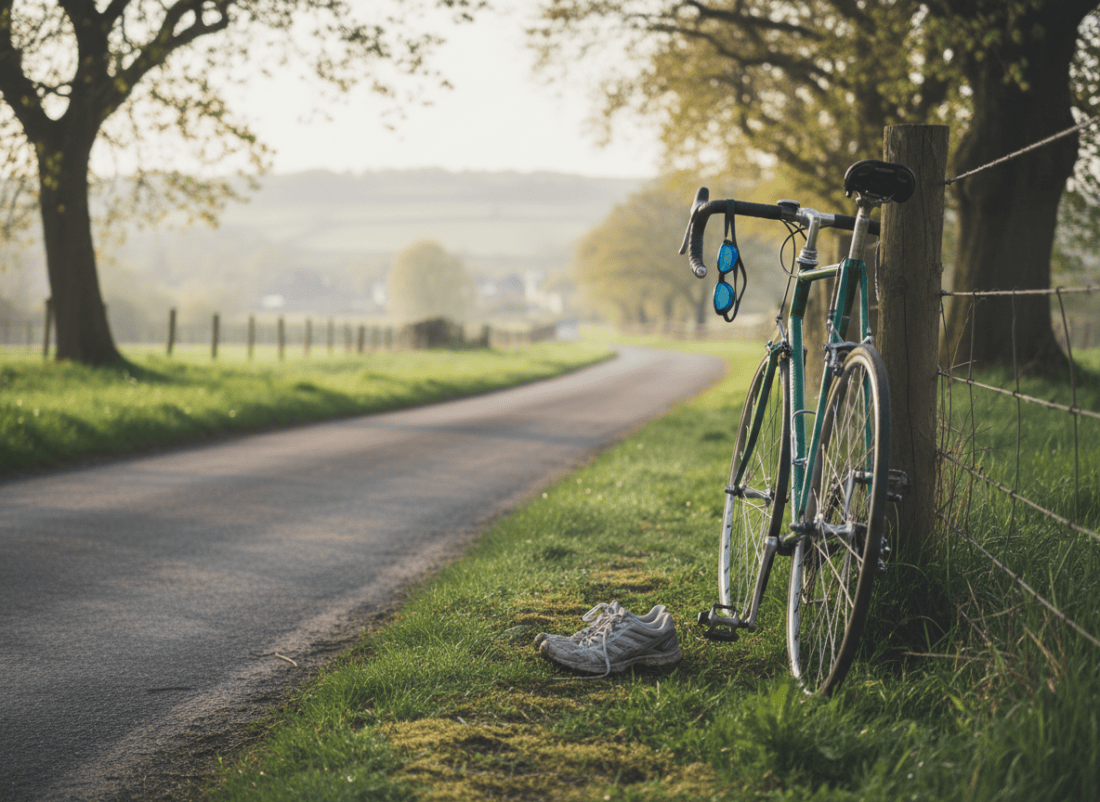 Running shoes, bicycle and swimming goggles beside a quiet road at dawn
