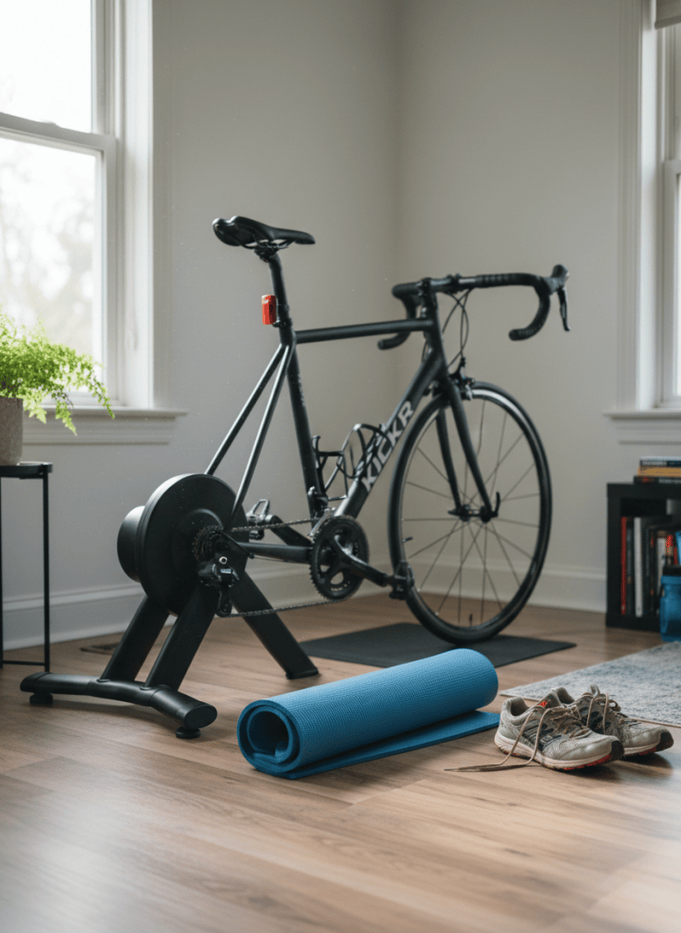 Indoor bike trainer, exercise mat and running shoes