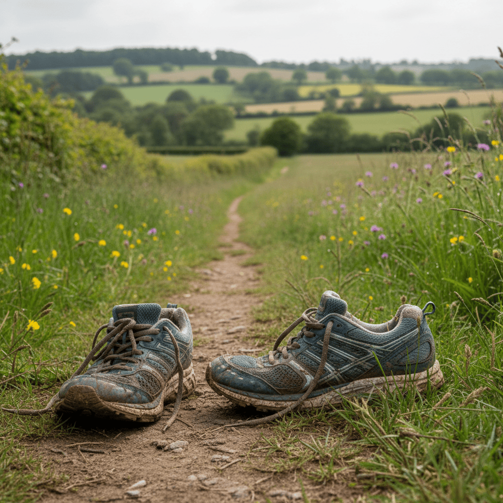 Running shoes on a rural path in late spring
