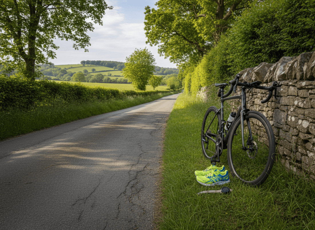 Road bicycle and running shoes prepared for a brick session