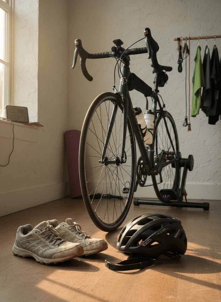 Running shoes and cycling helmet beside an indoor trainer