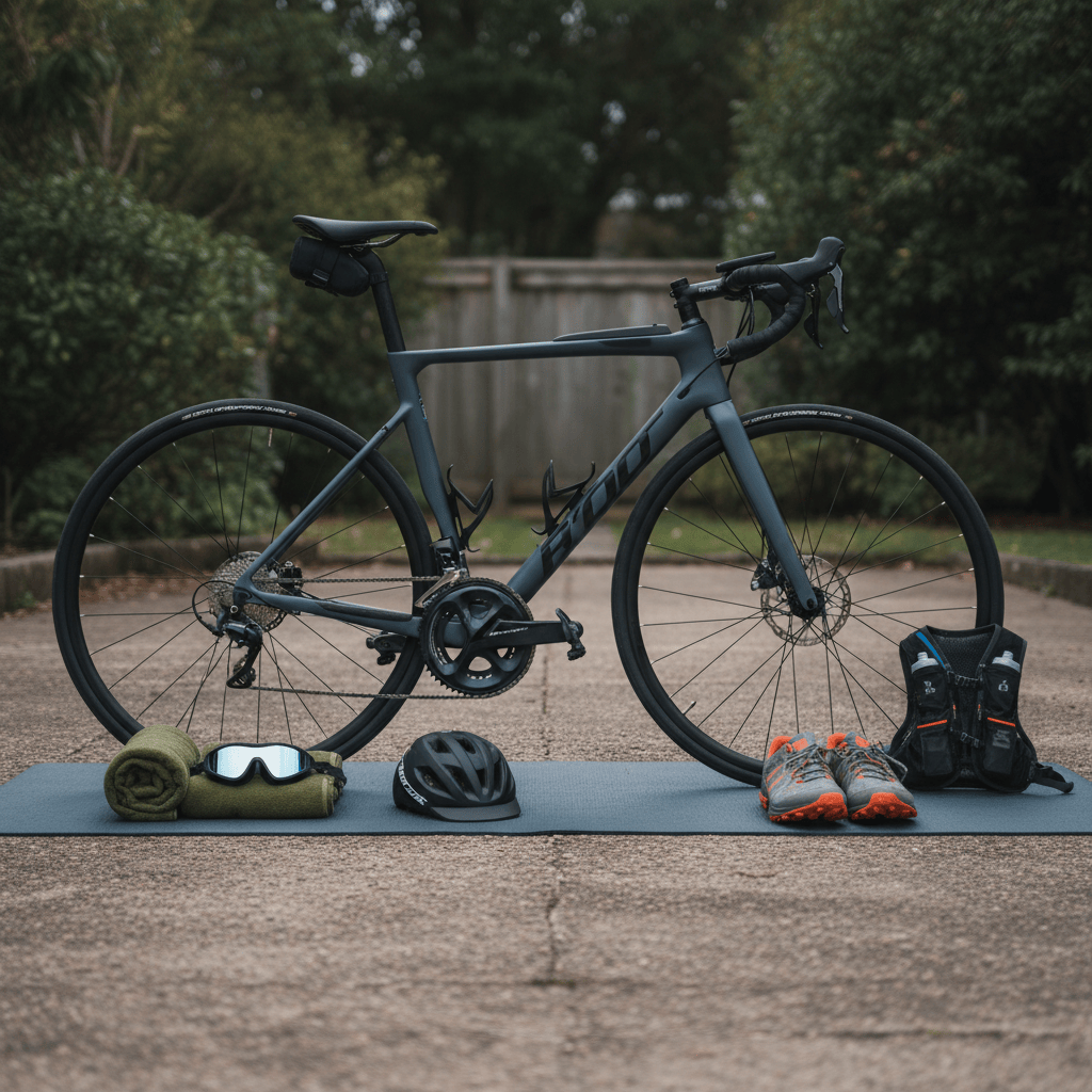 Bicycle, goggles and running shoes ready for triathlon training
