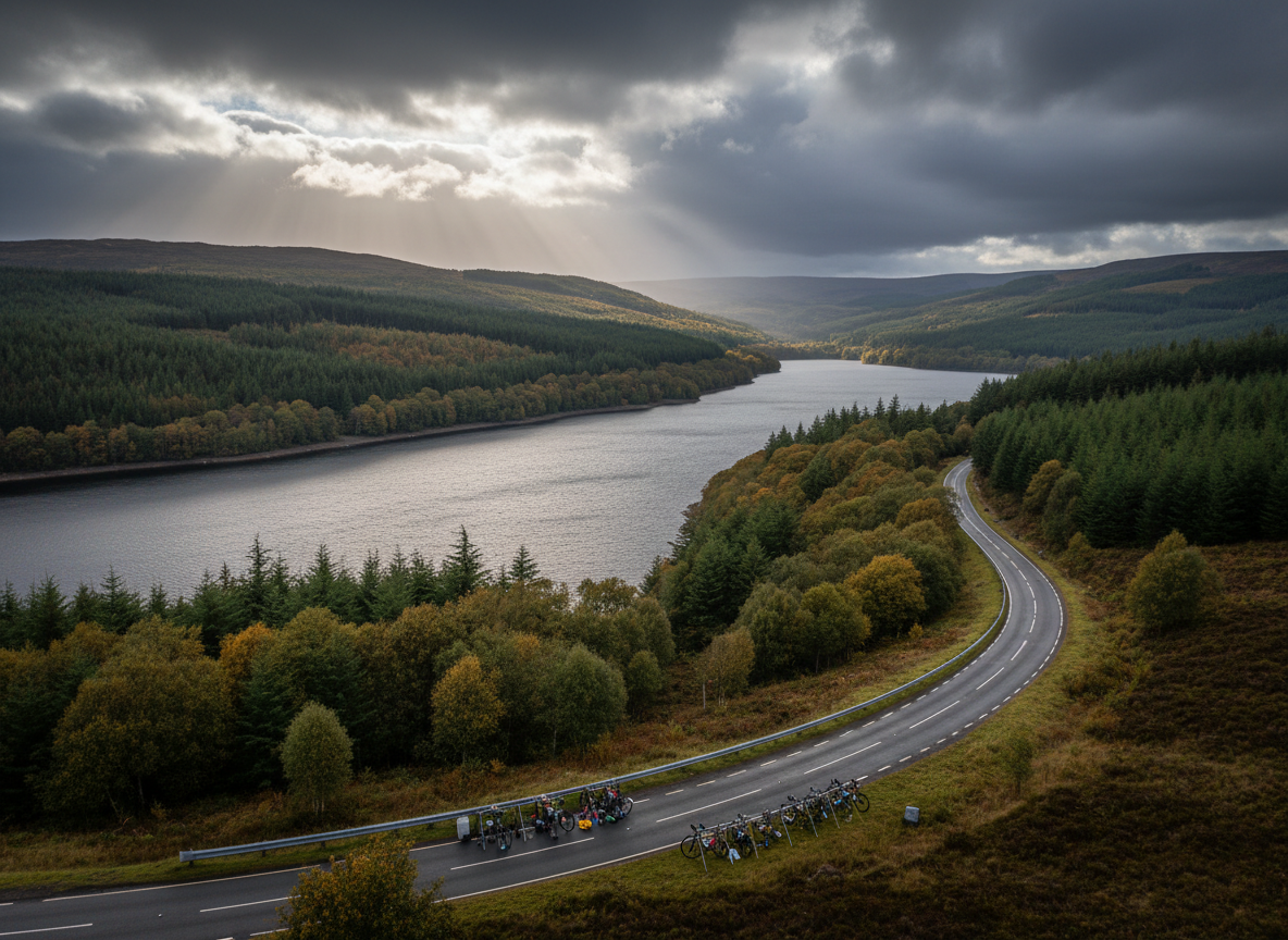 Kielder Water and an empty road beneath Northumberland skies
