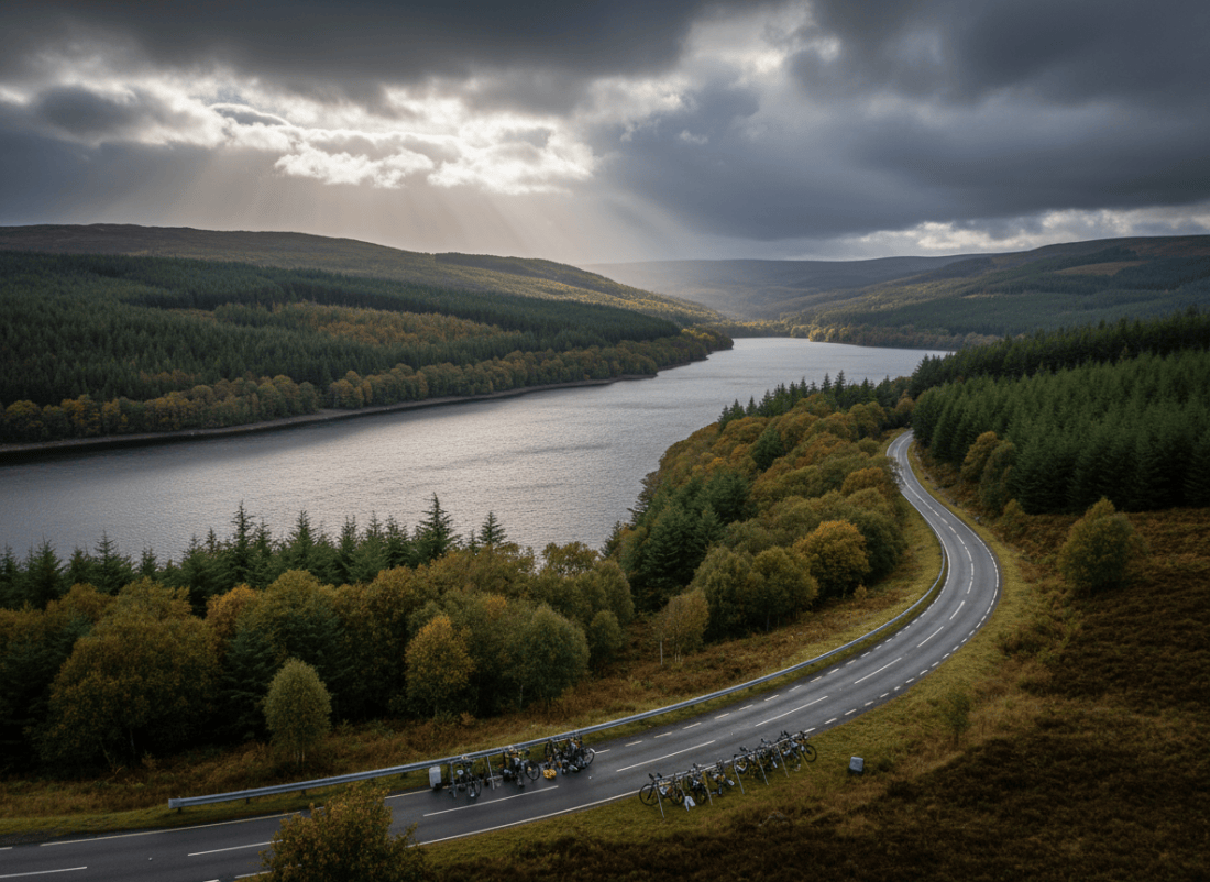 Kielder Water and an empty road beneath Northumberland skies