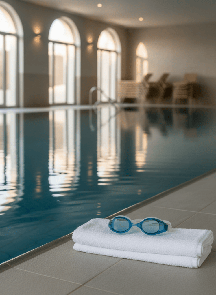 Swimming goggles and towel beside a quiet pool
