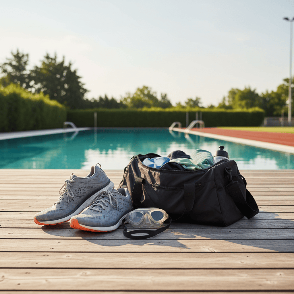 Running shoes and swimming goggles beside an open kit bag