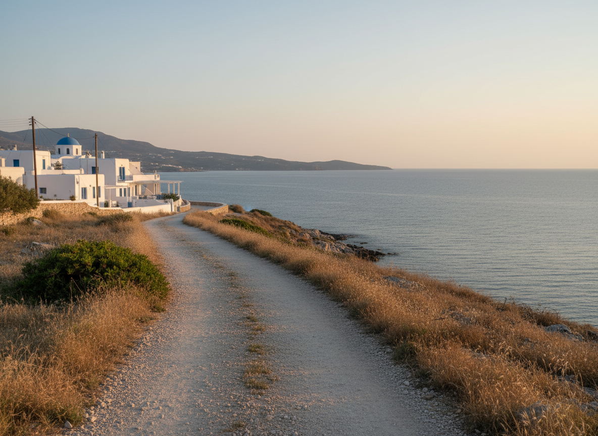 Quiet coastal running route on Paros in the early morning