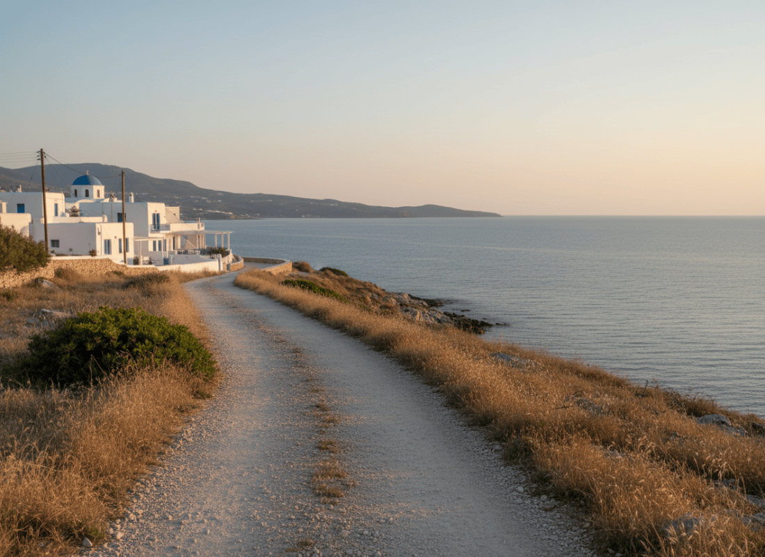 Quiet coastal running route on Paros in the early morning
