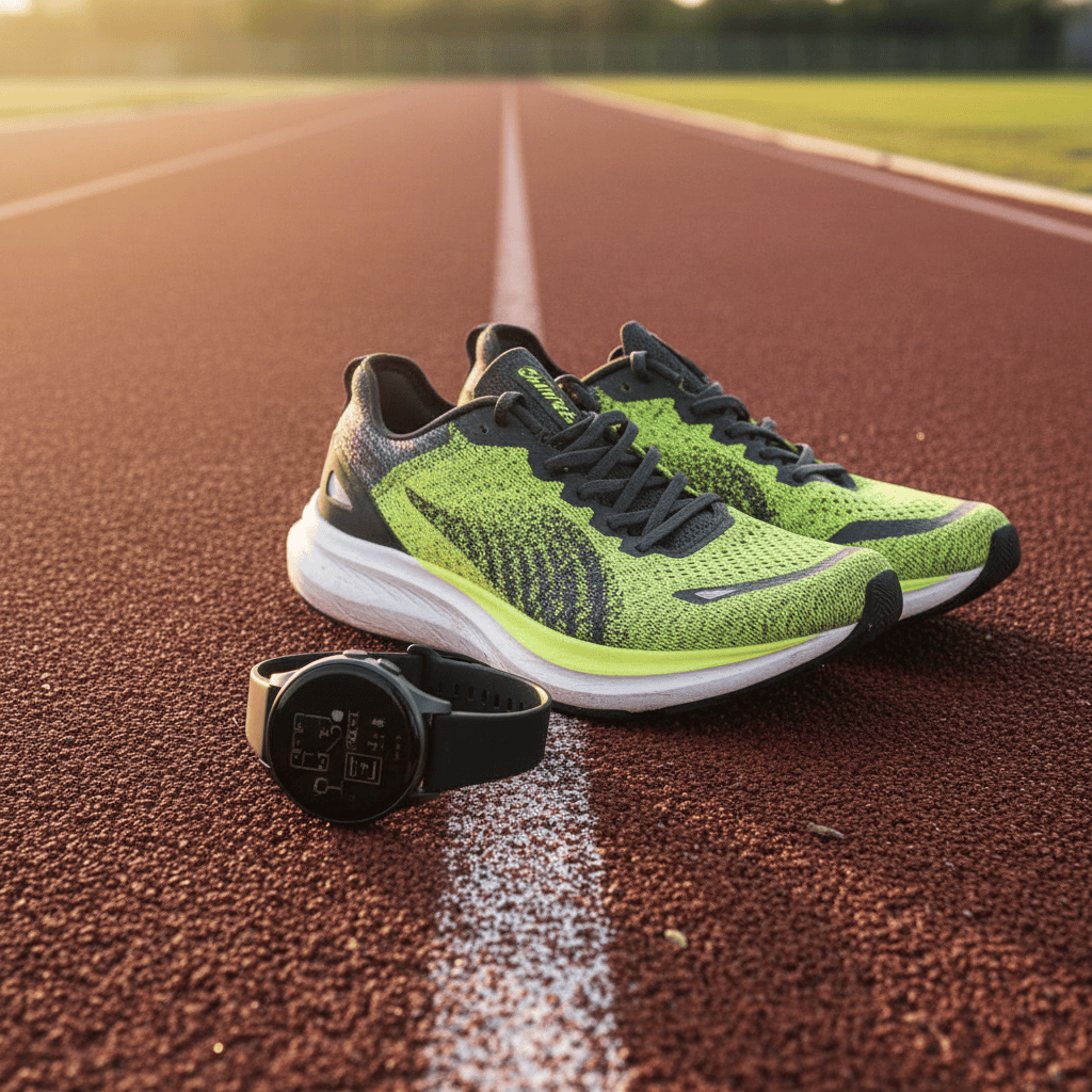 Sports watch and running shoes beside an empty track