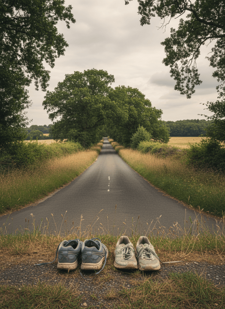Running shoes beside a long quiet road