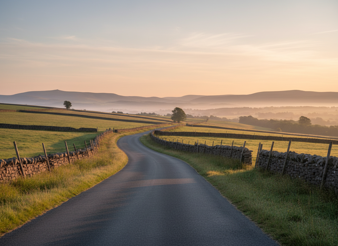 Rolling Northumberland road in soft morning light