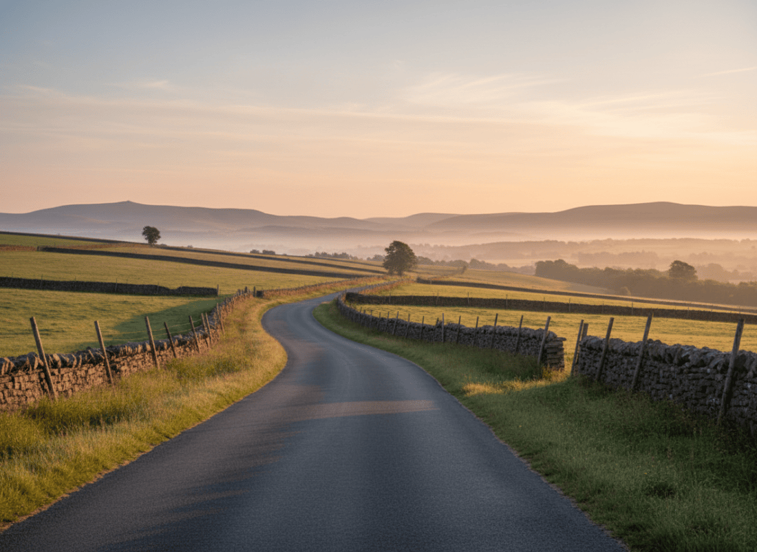 Rolling Northumberland road in soft morning light
