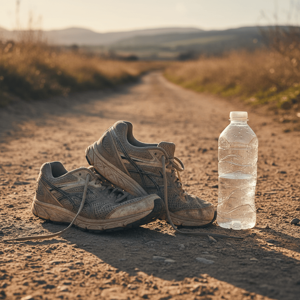Worn running shoes and water bottle after a long run