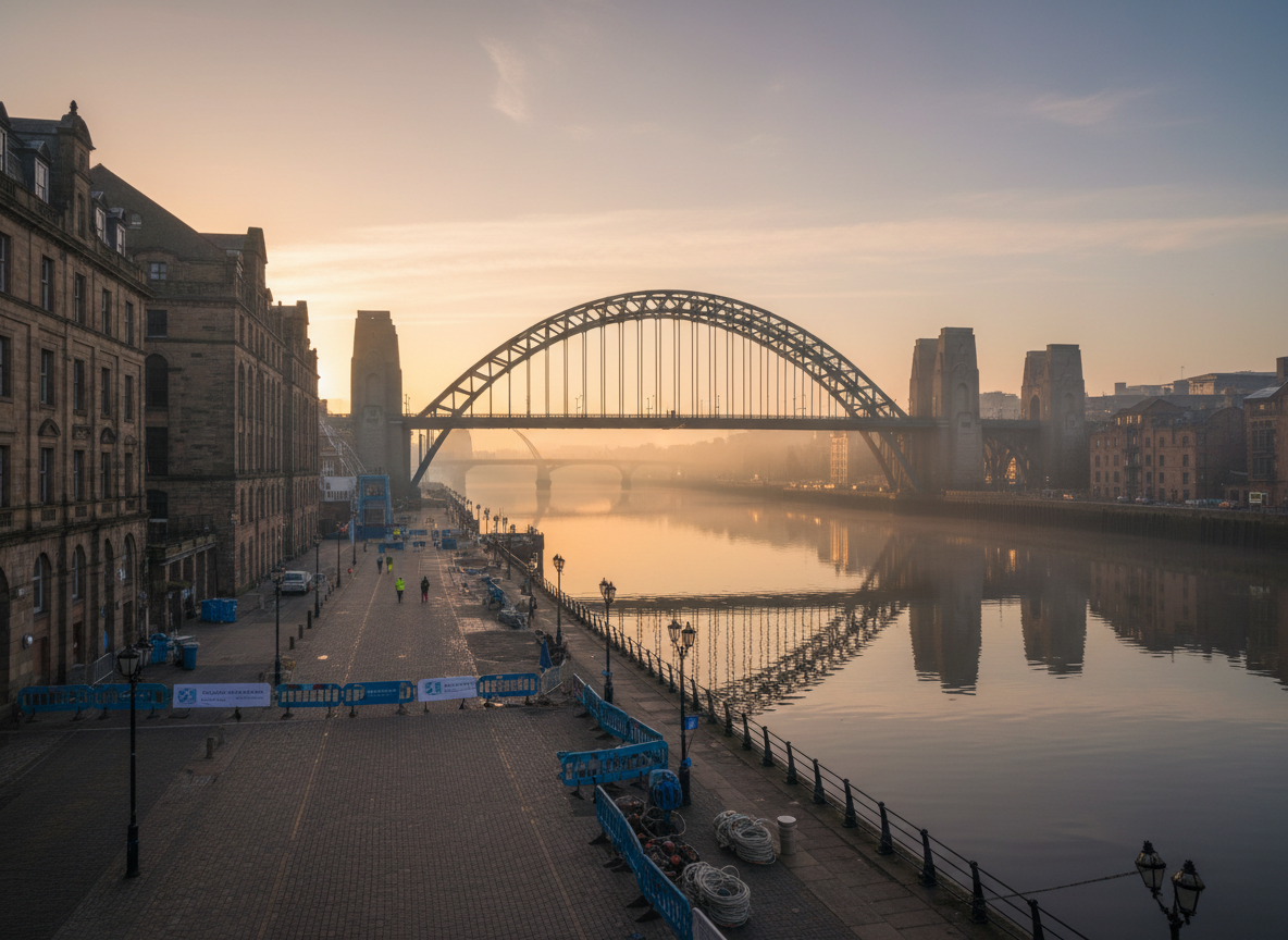 Tyne Bridge and Newcastle quayside in early morning light