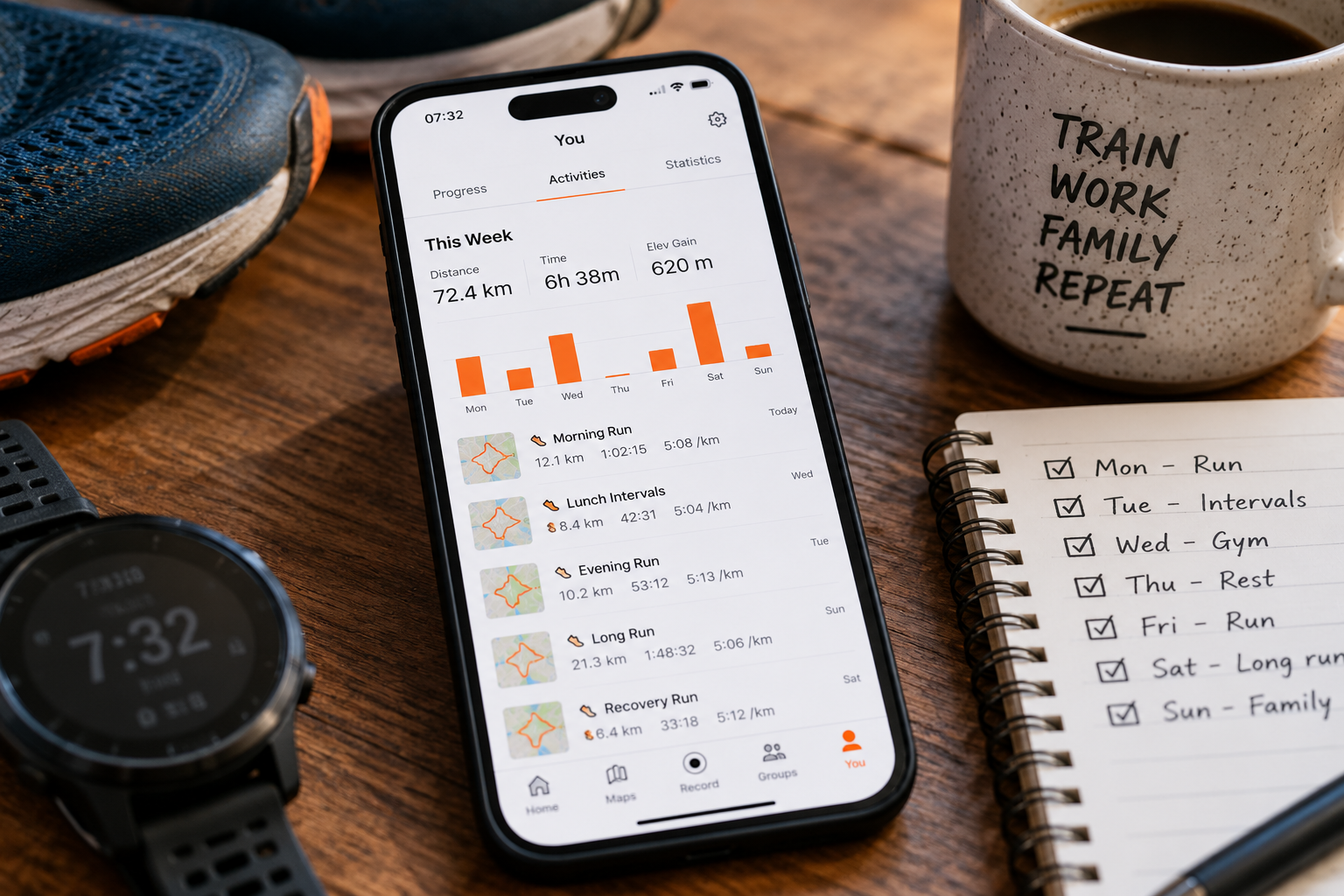 Running shoes, watch, coffee and training planner surrounding a phone displaying a weekly running workload feed.