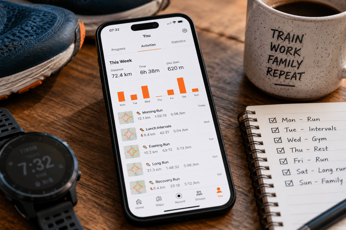 Running shoes, watch, coffee and training planner surrounding a phone displaying a weekly running workload feed.